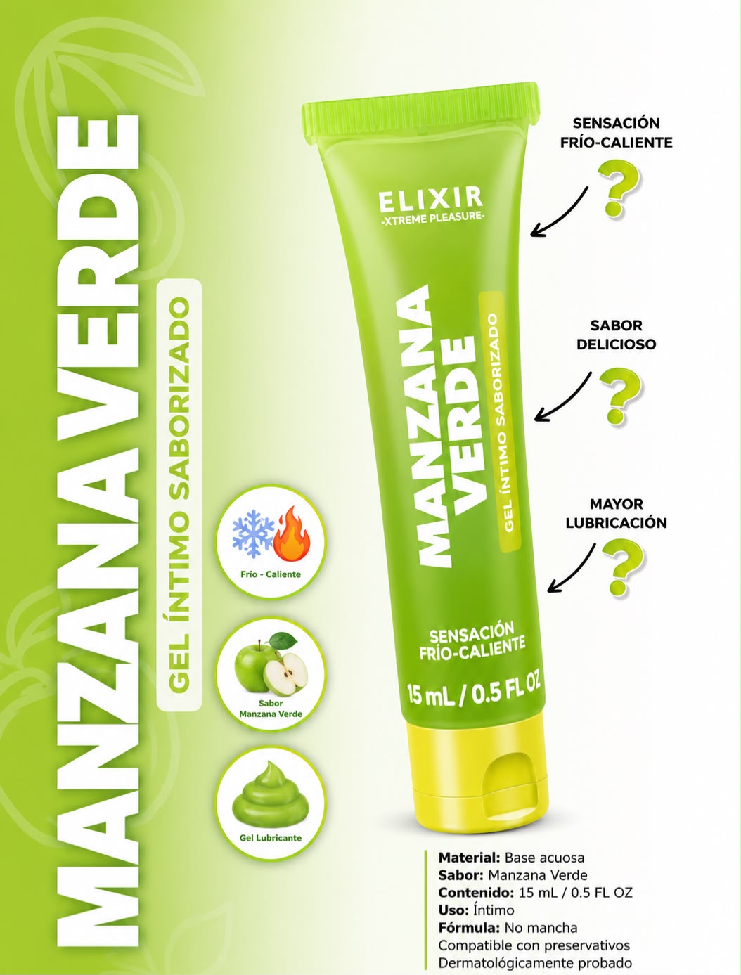 Lubricante Íntimo Saborizado Manzana Verde Elixir